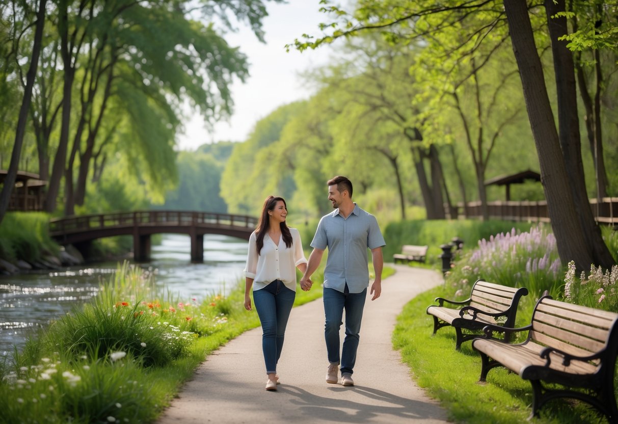 A couple walking hand-in-hand along a tree-lined riverside park path with a river and footbridge in the background.