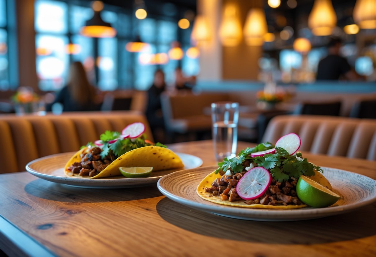 Two plates of tacos on a wooden table inside a cozy restaurant with warm lighting and people dining in the background.