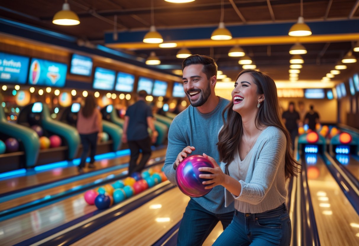 A couple smiling and bowling together inside a lively bowling alley with wooden lanes and colorful bowling balls.