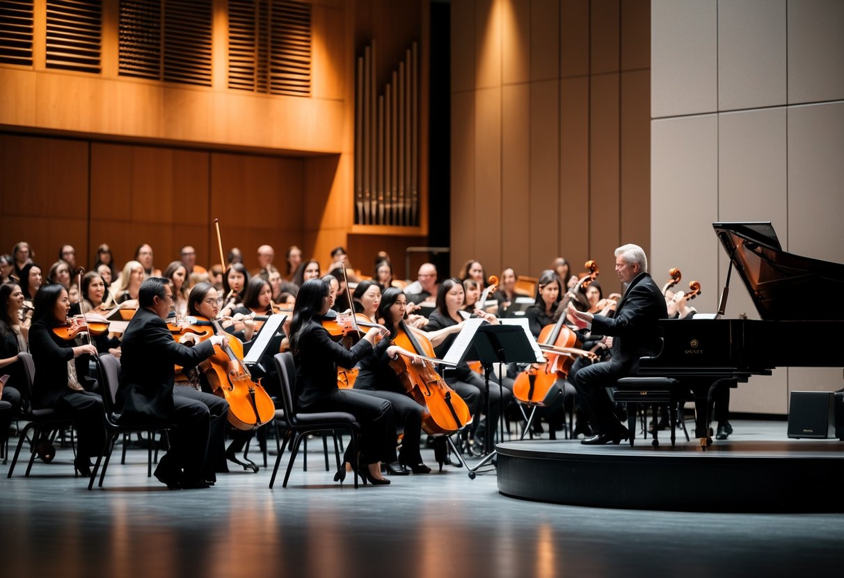 Audience watching musicians perform on stage at a symphony orchestra concert in a concert hall.