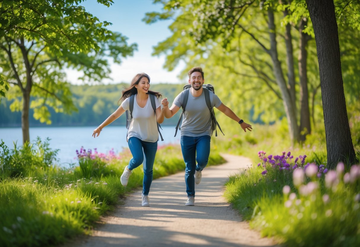 A couple laughing and doing playful wacky walks while walking along a tree-lined path in a sunny park.