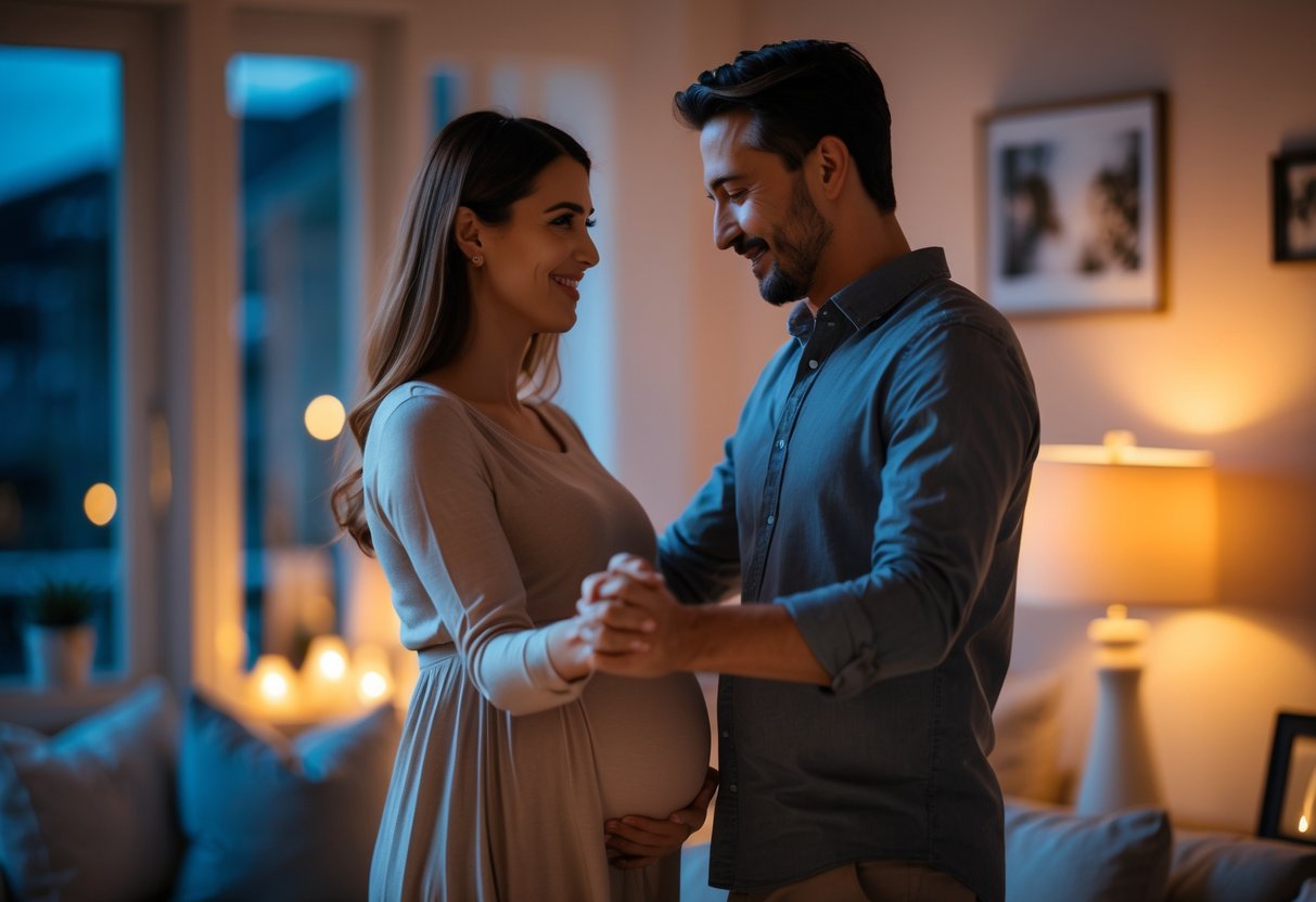 A pregnant woman and her partner slowly dancing together in a cozy, softly lit room.