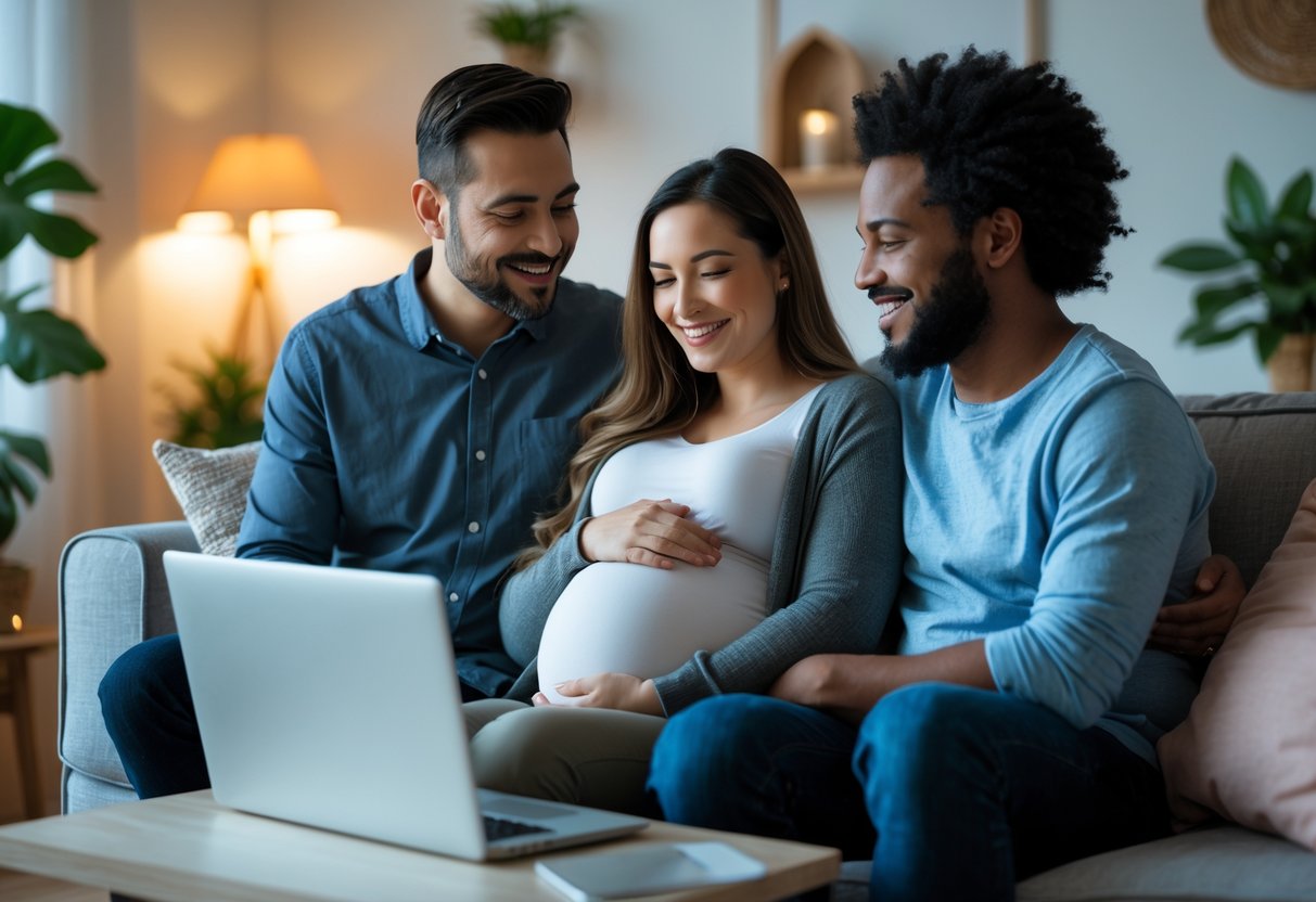 A pregnant woman and her partner sitting on a couch, participating together in an online prenatal workshop using a laptop.