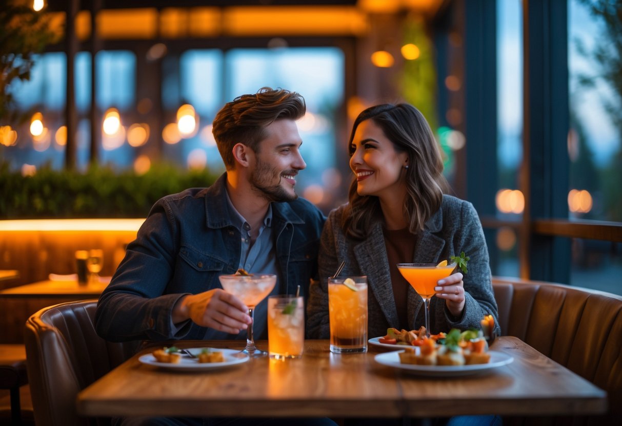 A young couple enjoying drinks together at a cozy restaurant table with warm lighting.