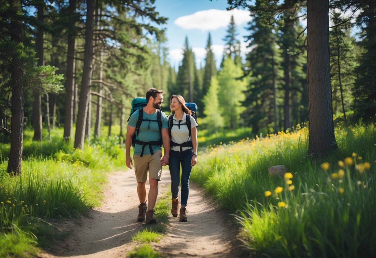 A couple hiking on a forest trail surrounded by green trees and sunlight in Waskasoo Park.