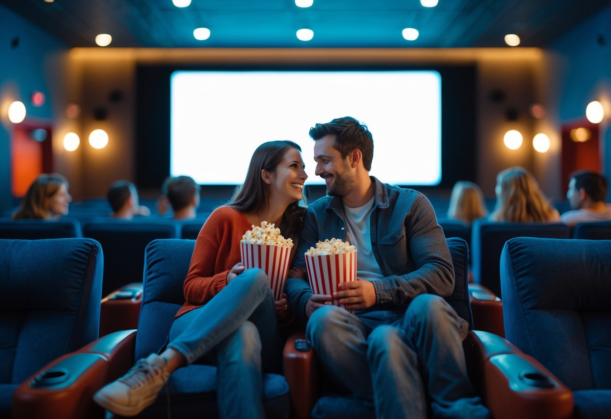 A young couple sitting together in a movie theater, sharing popcorn and watching a film.