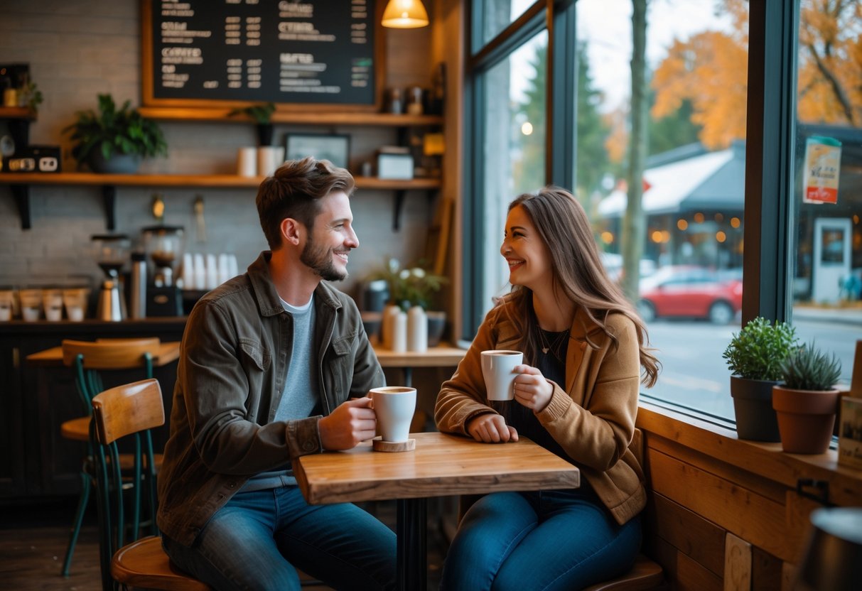 A young couple smiling and talking while having coffee together at a small table inside a cozy local café.