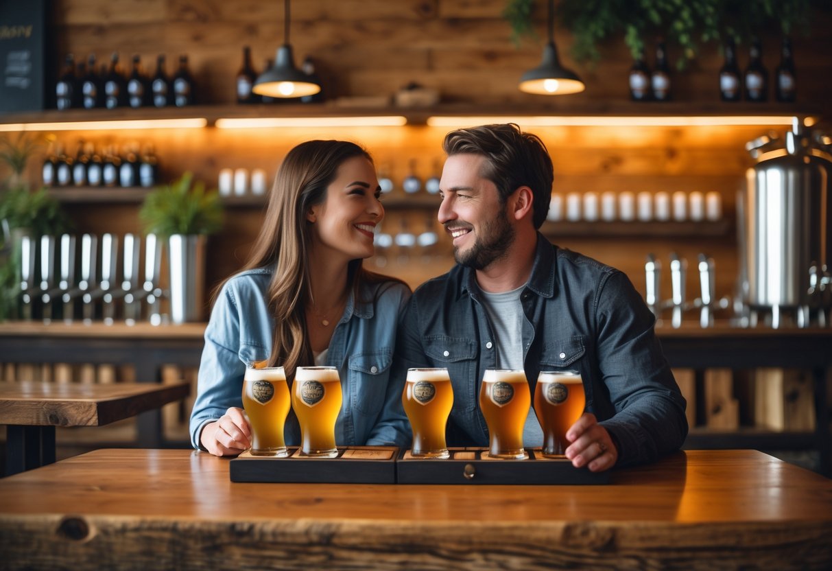 A couple sitting at a table in a brewery enjoying craft beers and talking.