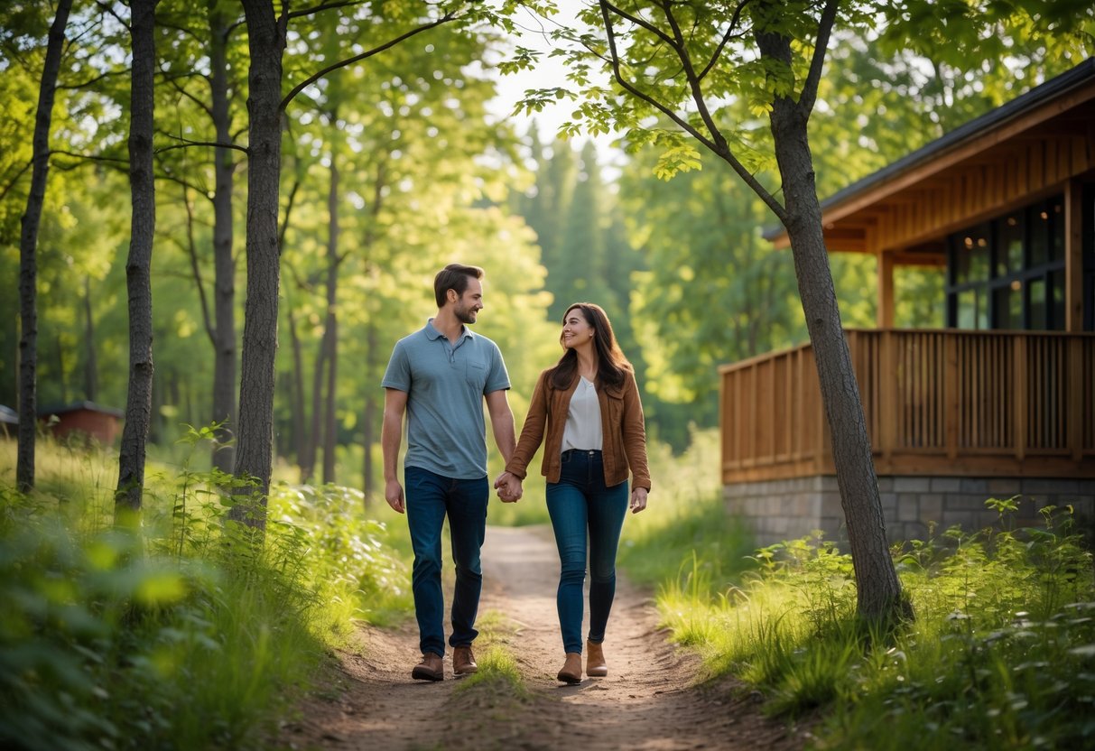 A young couple walking hand-in-hand on a forest trail near a wooden nature centre building surrounded by green trees.