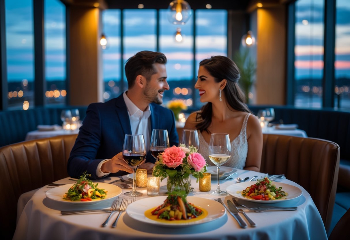 A couple enjoying a romantic dinner at a modern restaurant with elegant table settings and warm lighting.