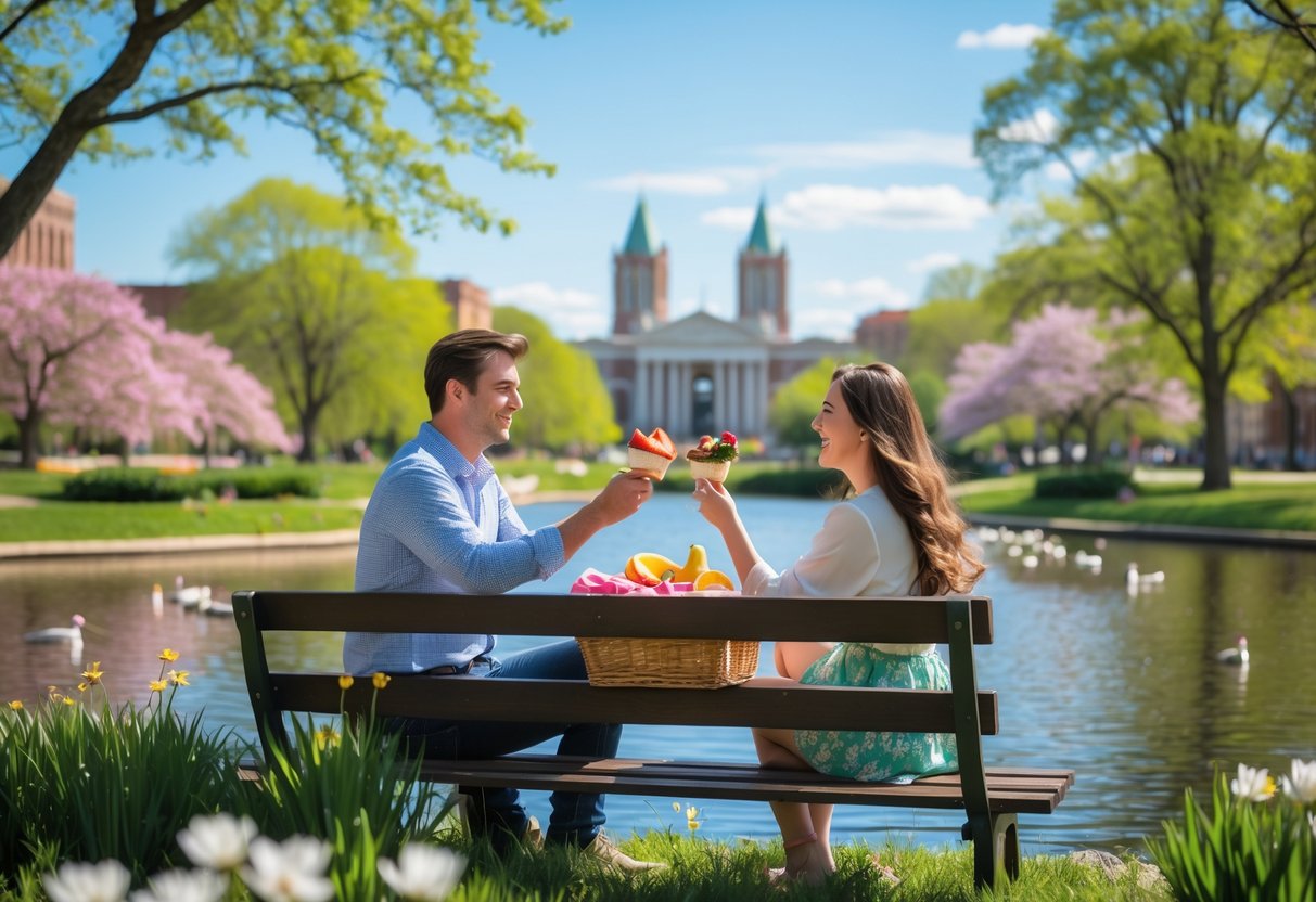 A young couple enjoying a picnic on a bench by a pond in a park with blooming flowers and trees in spring.