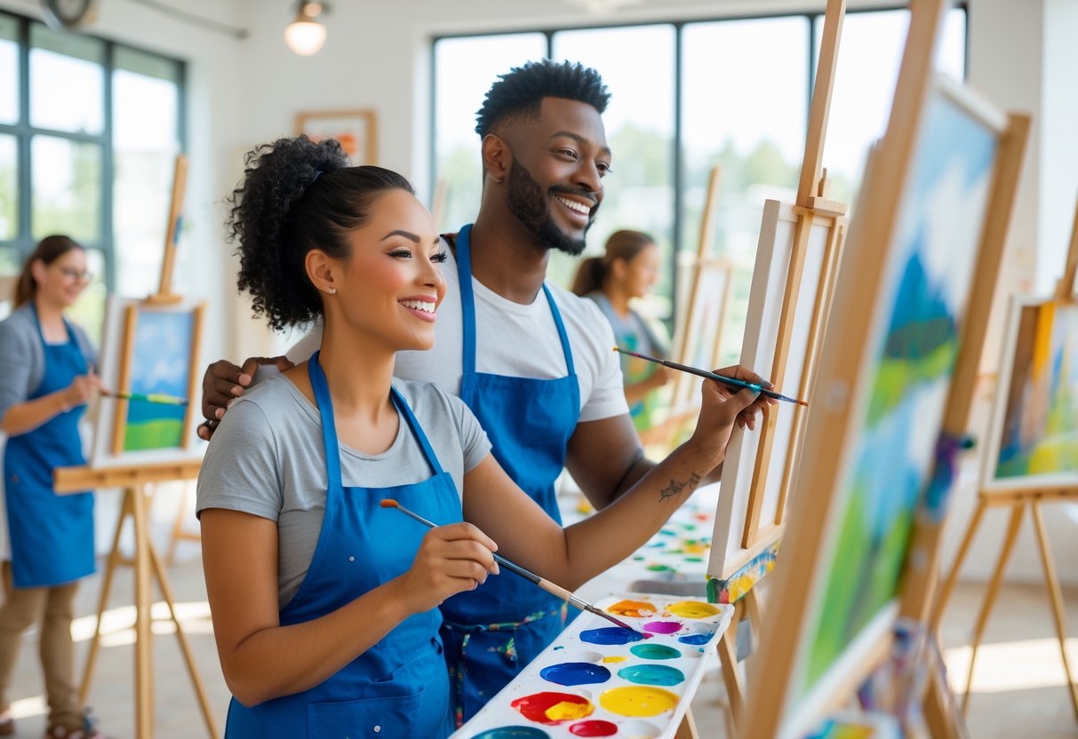 A couple painting together in an art studio during a painting class.