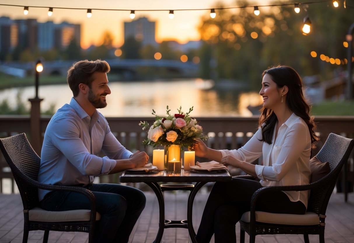 A couple sitting at a candlelit outdoor table at sunset, holding hands and smiling, with trees and a river in the background.