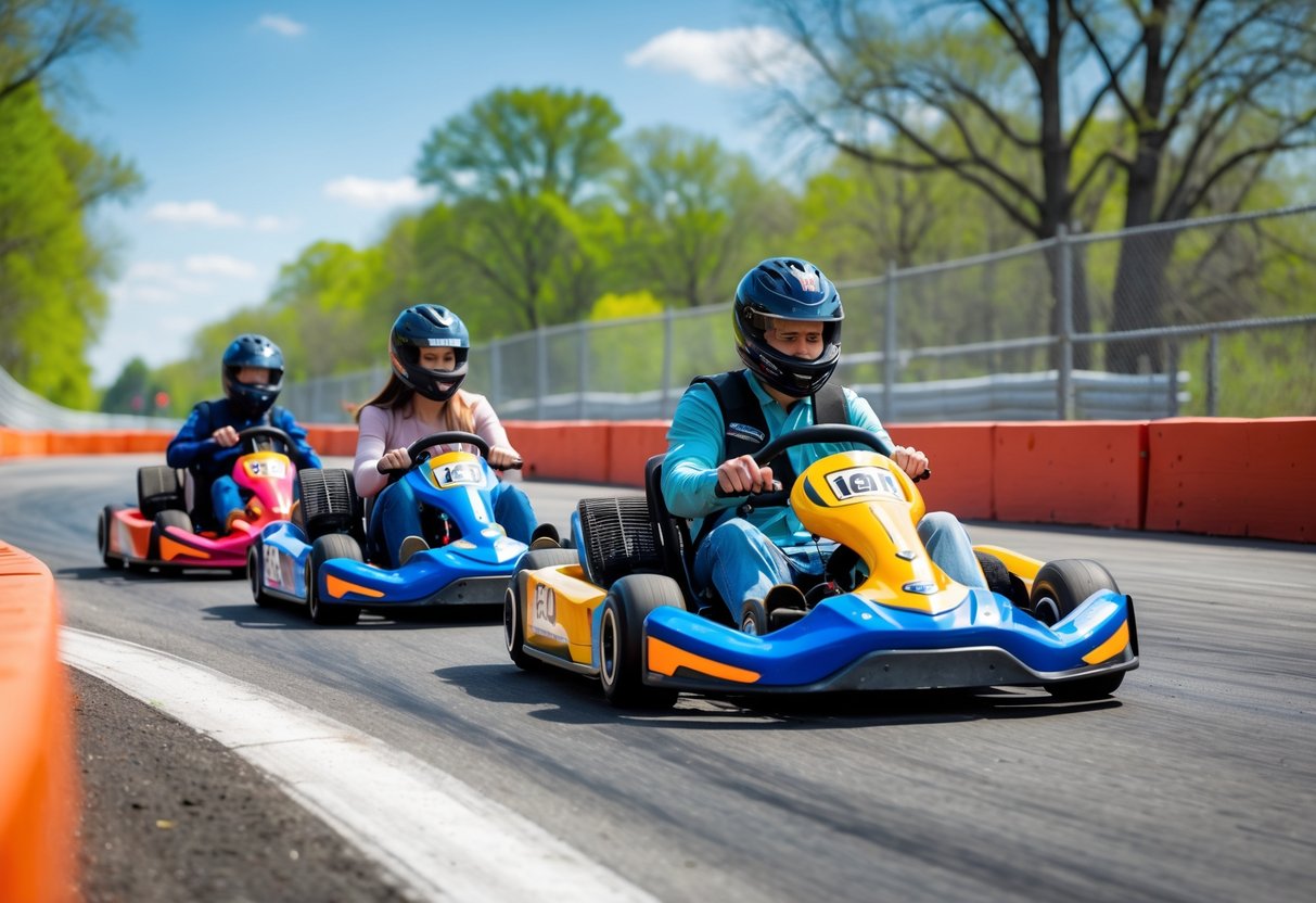 Two young adults racing go-karts on an outdoor track surrounded by trees on a sunny day.