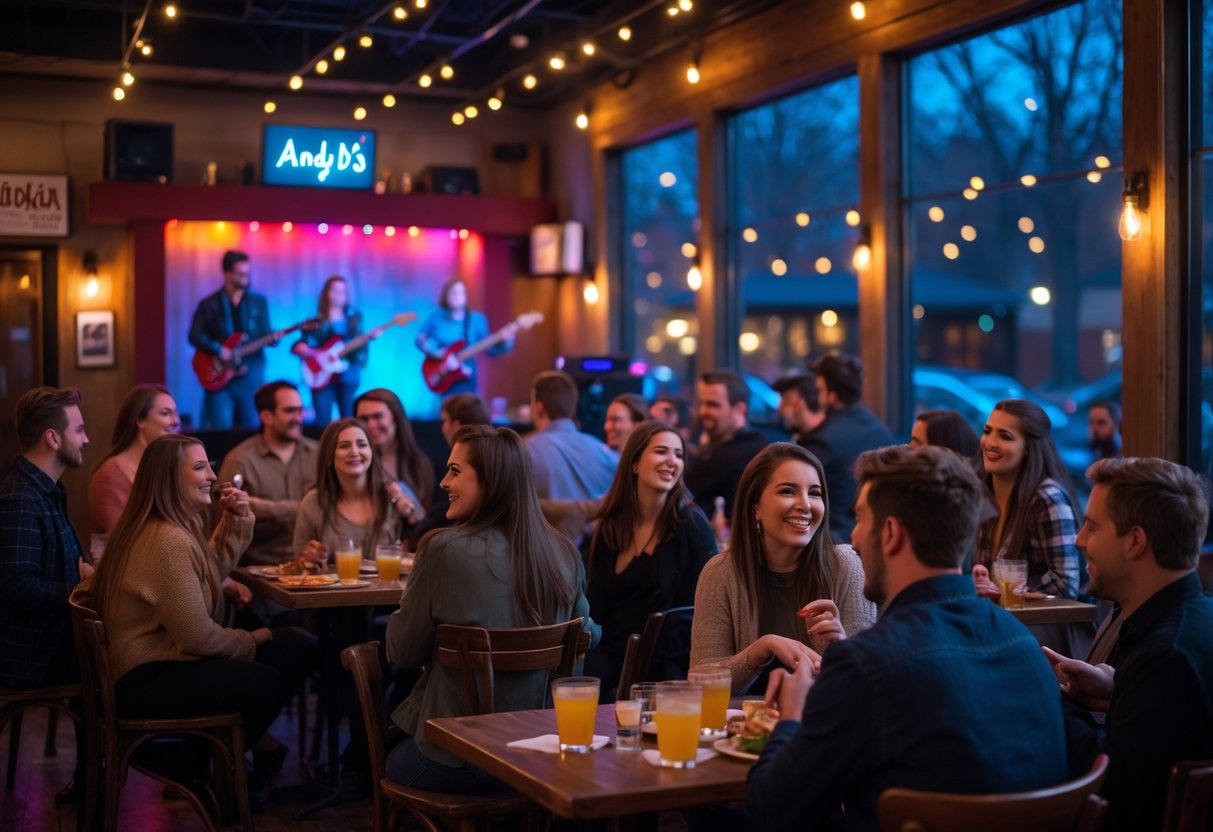 A lively scene inside a music venue with people enjoying a live band performance and socializing.