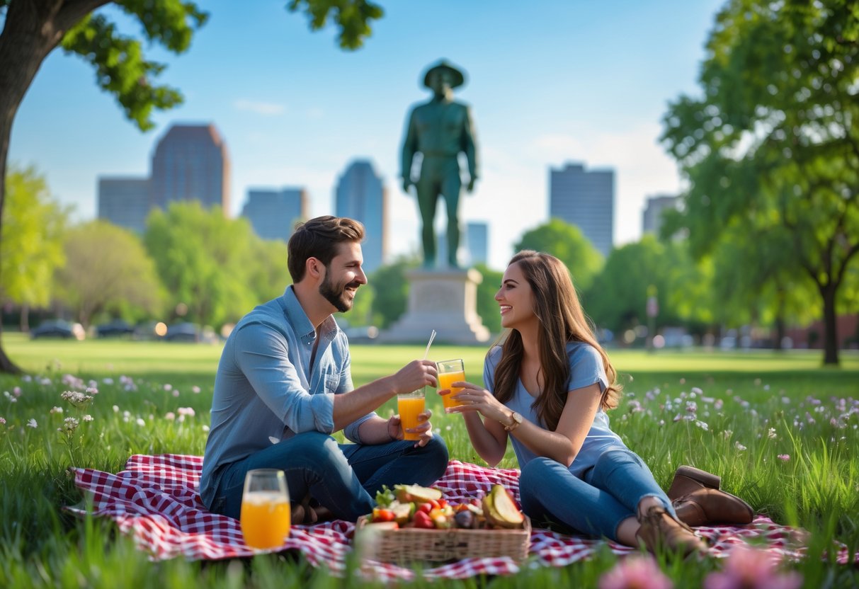 A young couple enjoying a picnic in a green park with the Keeper of the Plains statue and Wichita skyline in the background.