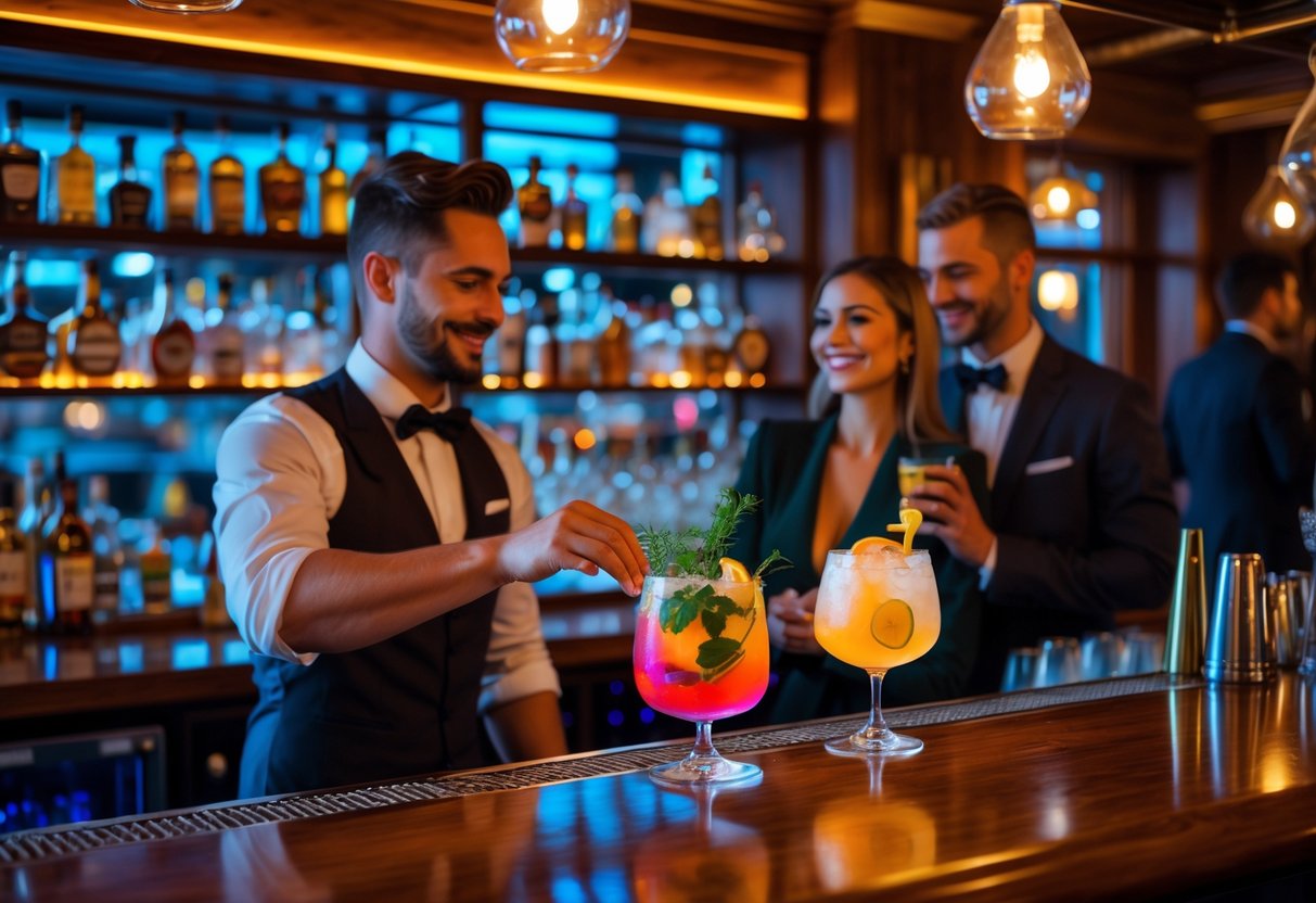 A bartender preparing a craft cocktail while a couple enjoys drinks at a cozy bar.