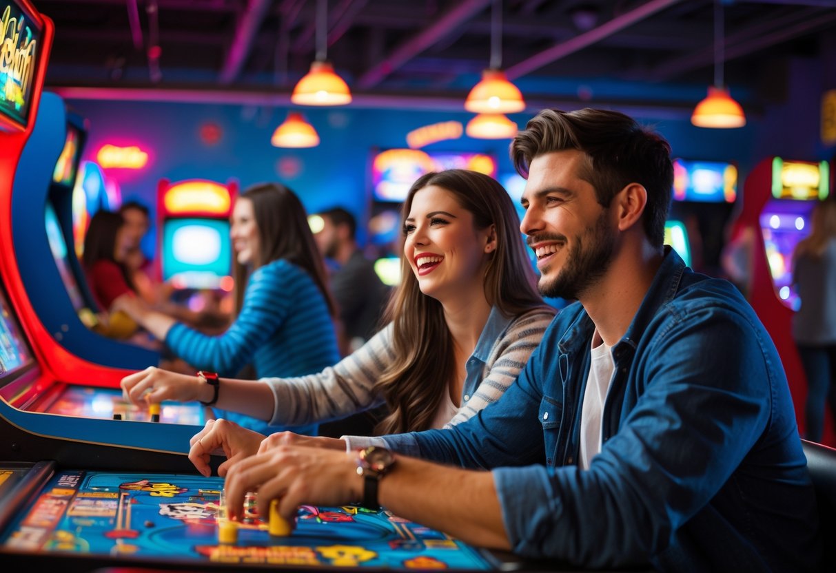 A young couple playing arcade games together at a busy, colorful arcade during a game night.