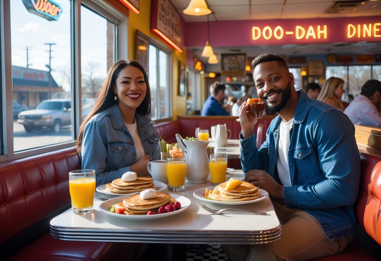 A couple enjoying brunch together at a cozy diner with classic breakfast dishes on the table and sunlight coming through the window.