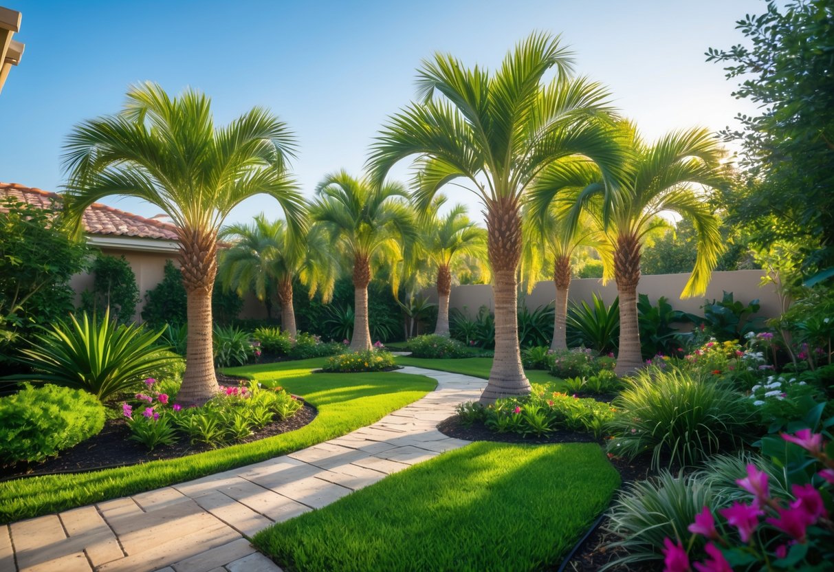 A landscaped garden with several small pygmy date palm trees surrounded by grass, tropical plants, flowers, and a stone pathway under a clear sky.
