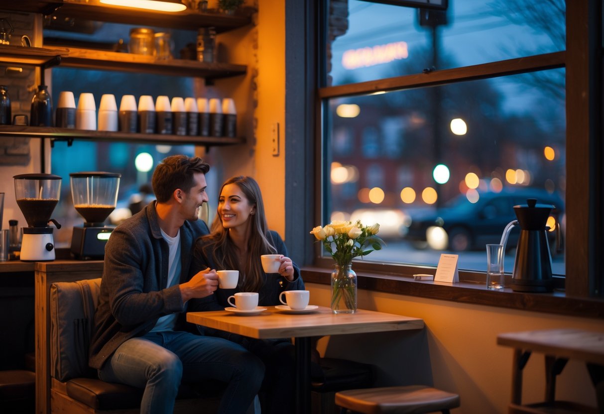 A young couple sitting at a table in a coffee shop, enjoying coffee and talking in a cozy evening setting.