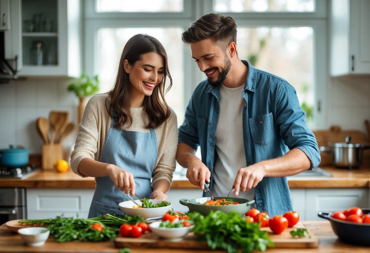A young couple cooking together in a bright kitchen, preparing a meal with fresh ingredients.