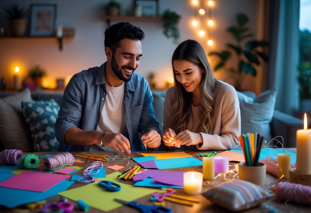 Two people working together on a DIY craft project at a table filled with craft supplies in a cozy home setting.