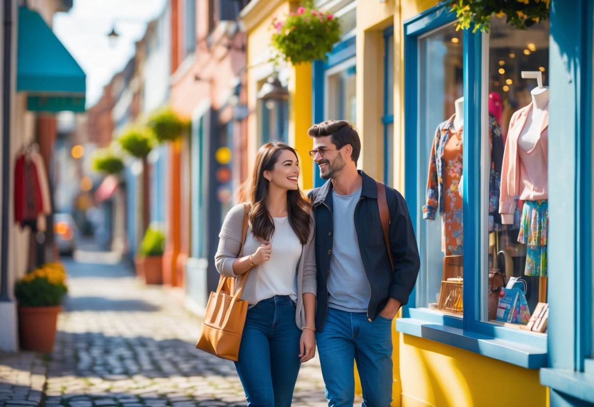 A young couple happily window shopping together on a sunny street lined with small local boutiques.