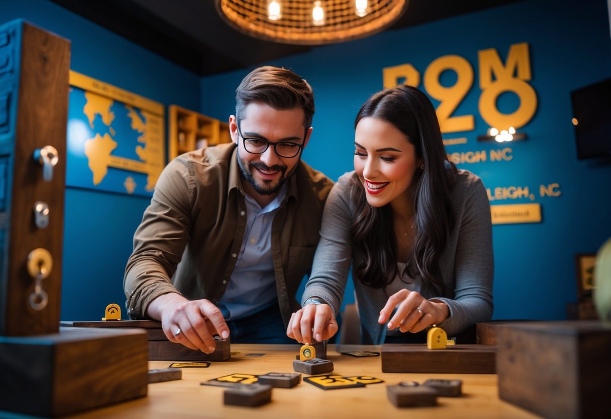 A couple working together to solve puzzles in an escape room filled with locks and clues.