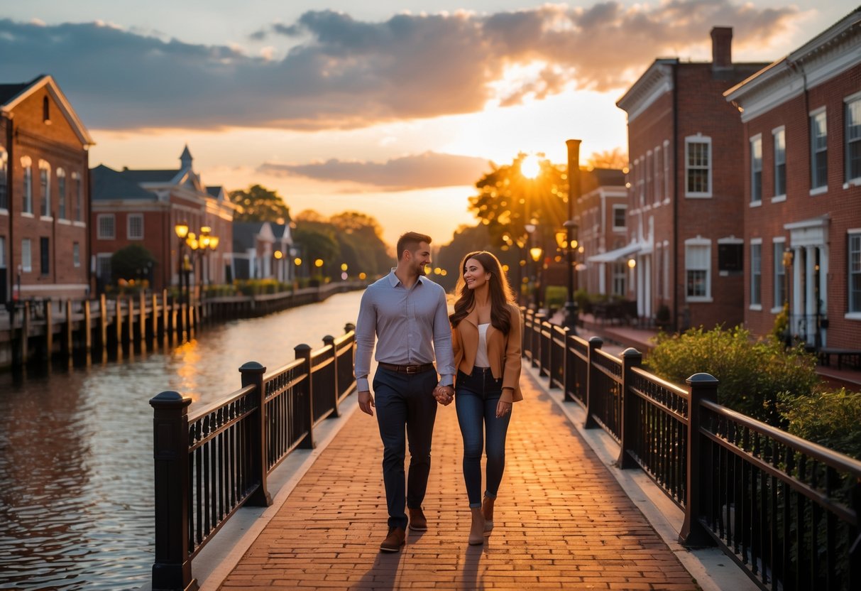 A couple walking hand-in-hand along a canal at sunset with historic buildings and street lamps nearby.