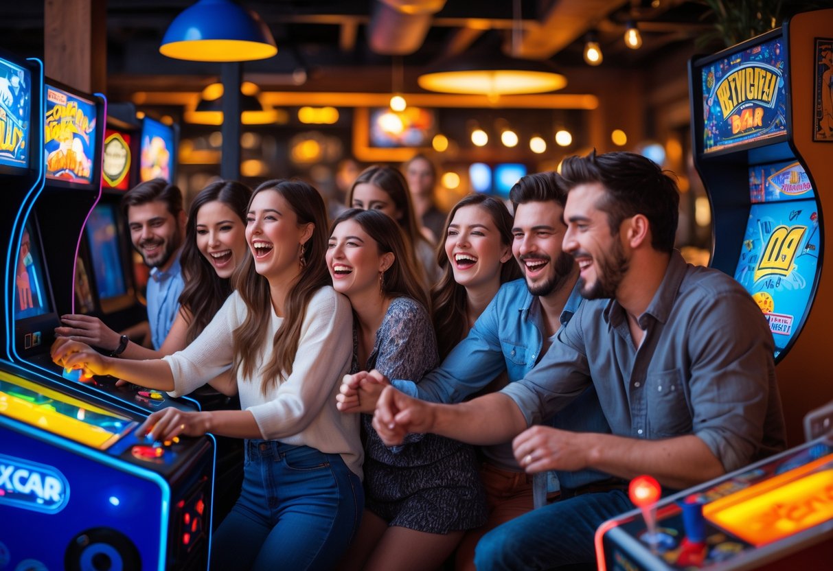People enjoying playing arcade games together inside a lively bar and arcade venue.