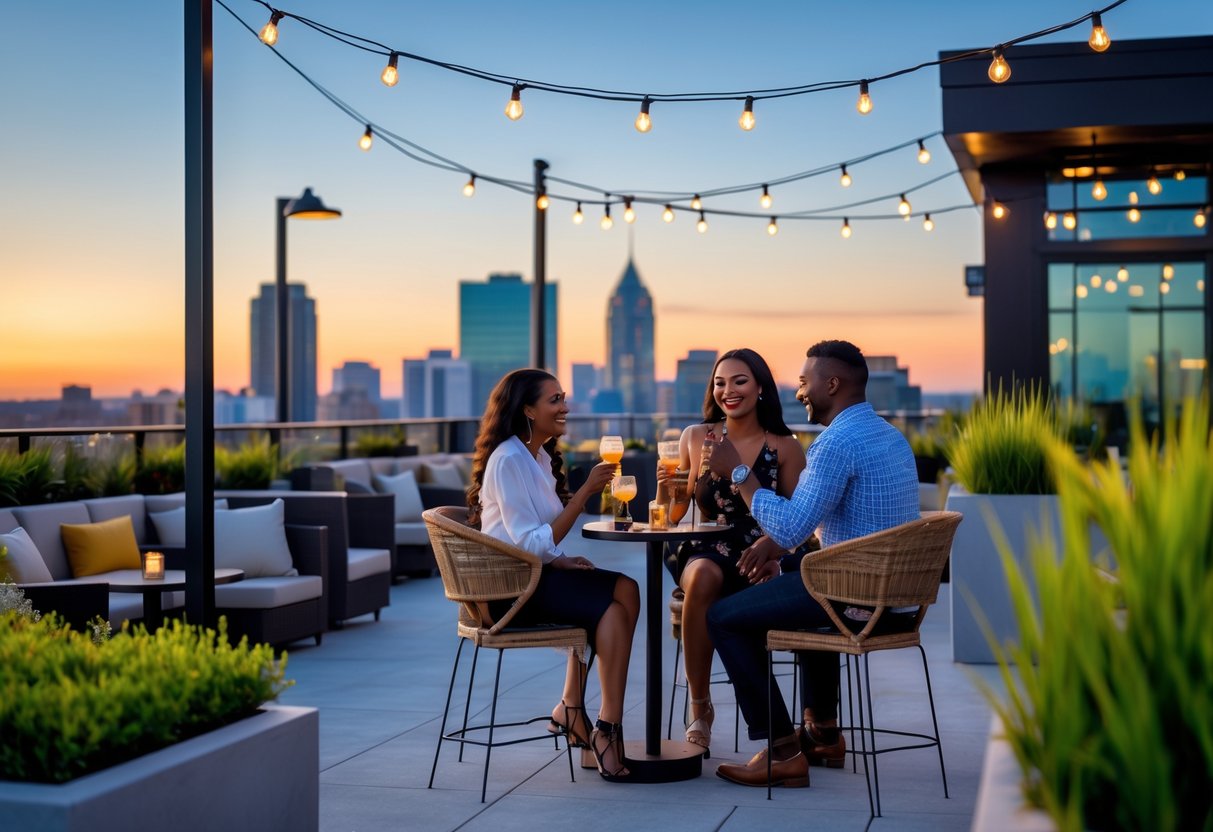 A couple enjoying drinks together on a rooftop bar with city skyline in the background at sunset.