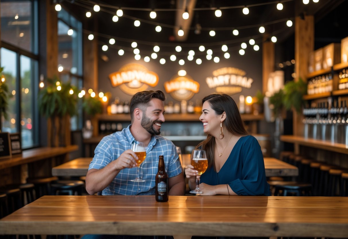 A couple sitting at a wooden table in a brewery, drinking wine and smiling during a date night.