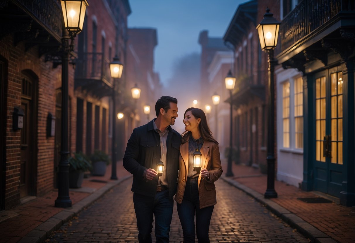 A couple walking together on a cobblestone street at night in historic downtown Richmond, surrounded by old brick buildings and warm street lighting.