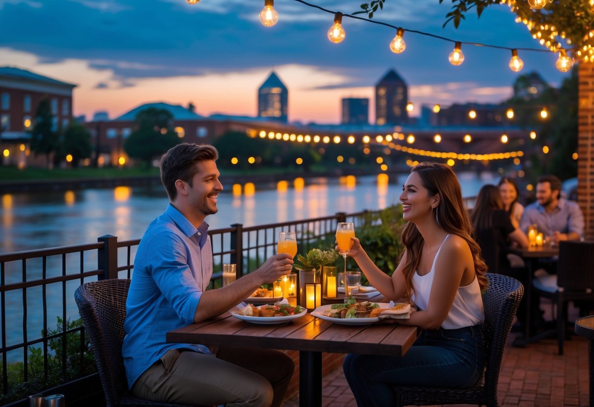 A young couple enjoying a romantic outdoor dinner near the river with the Richmond skyline in the background at dusk.