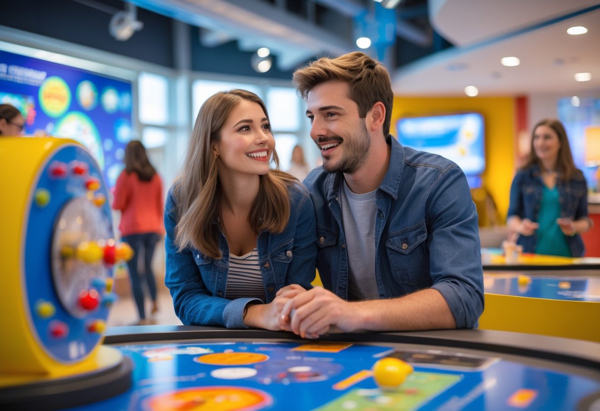 A young couple interacting with a science exhibit inside a brightly lit museum, enjoying their visit together.