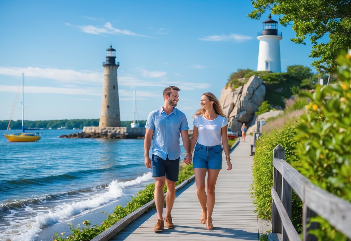 A happy couple walking hand-in-hand on a coastal boardwalk near a lighthouse with sailboats in the harbor on a sunny day.