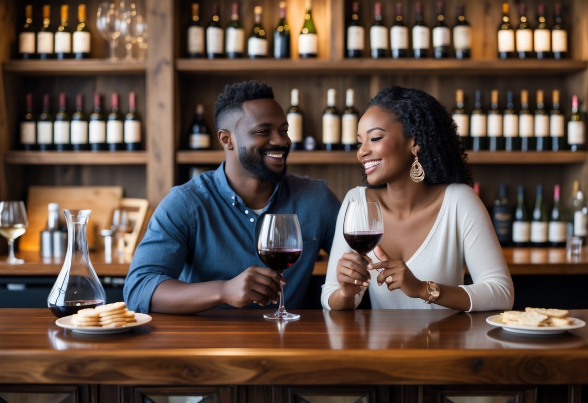 A couple enjoying wine tasting together at a cozy wine bar with shelves of wine bottles in the background.
