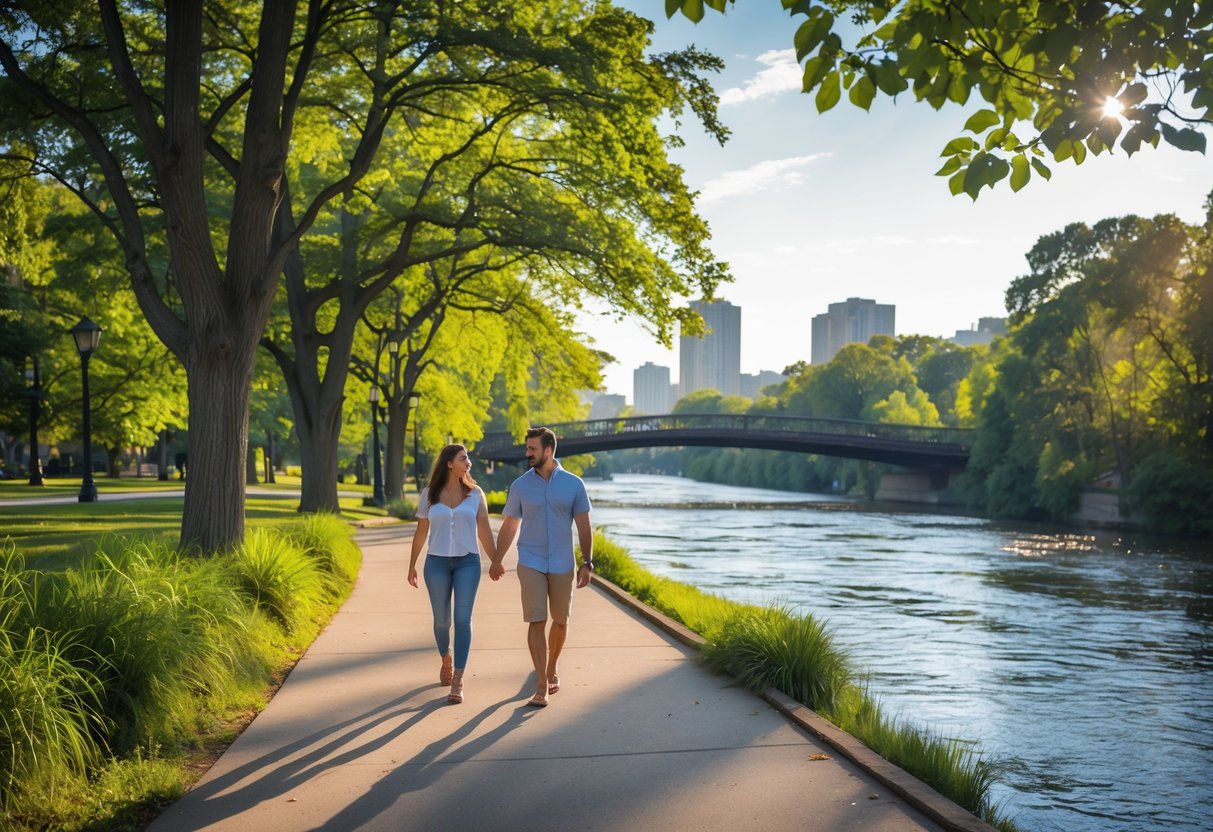 A couple walking together along a river path surrounded by trees and greenery in a park.