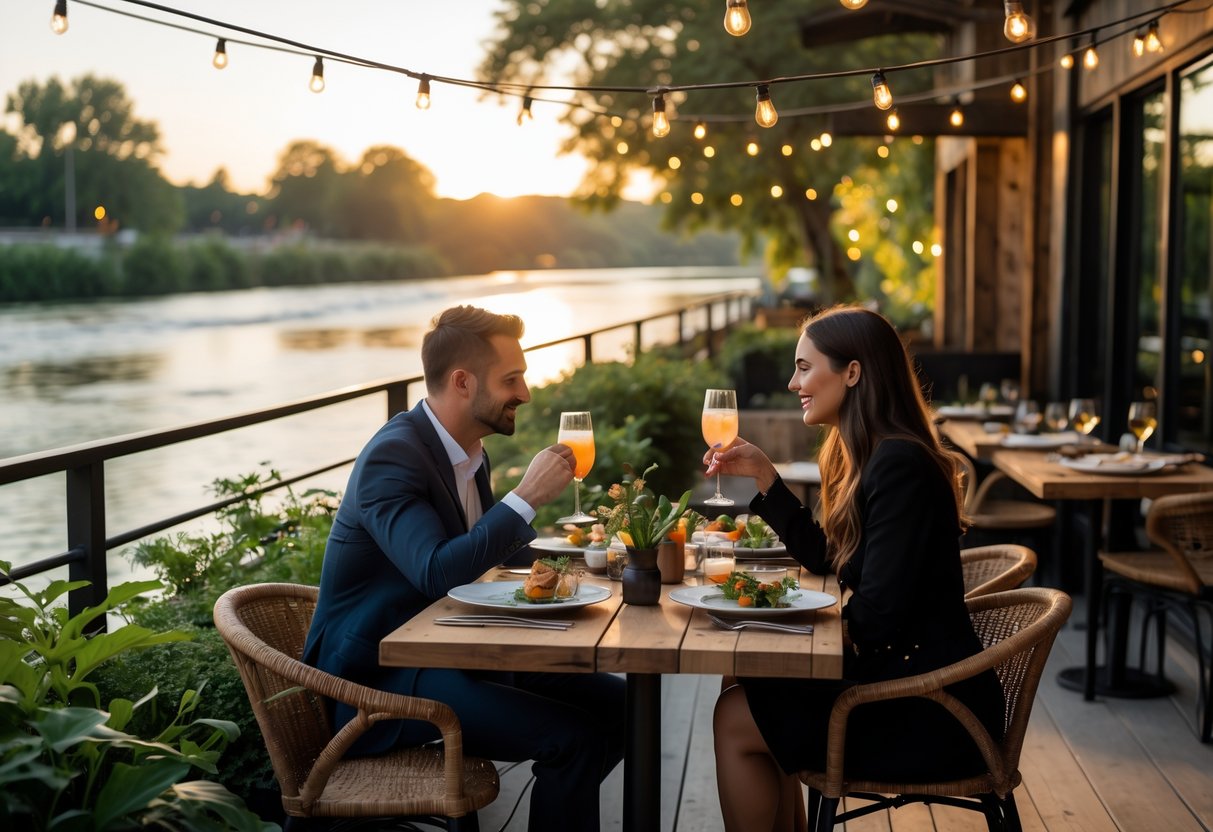 A couple enjoying a meal together at an outdoor riverside restaurant table during sunset.