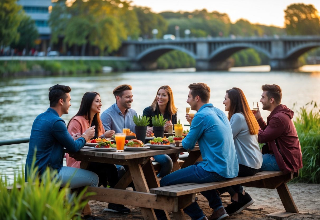 People enjoying a casual meal together at a picnic table by a river during sunset.