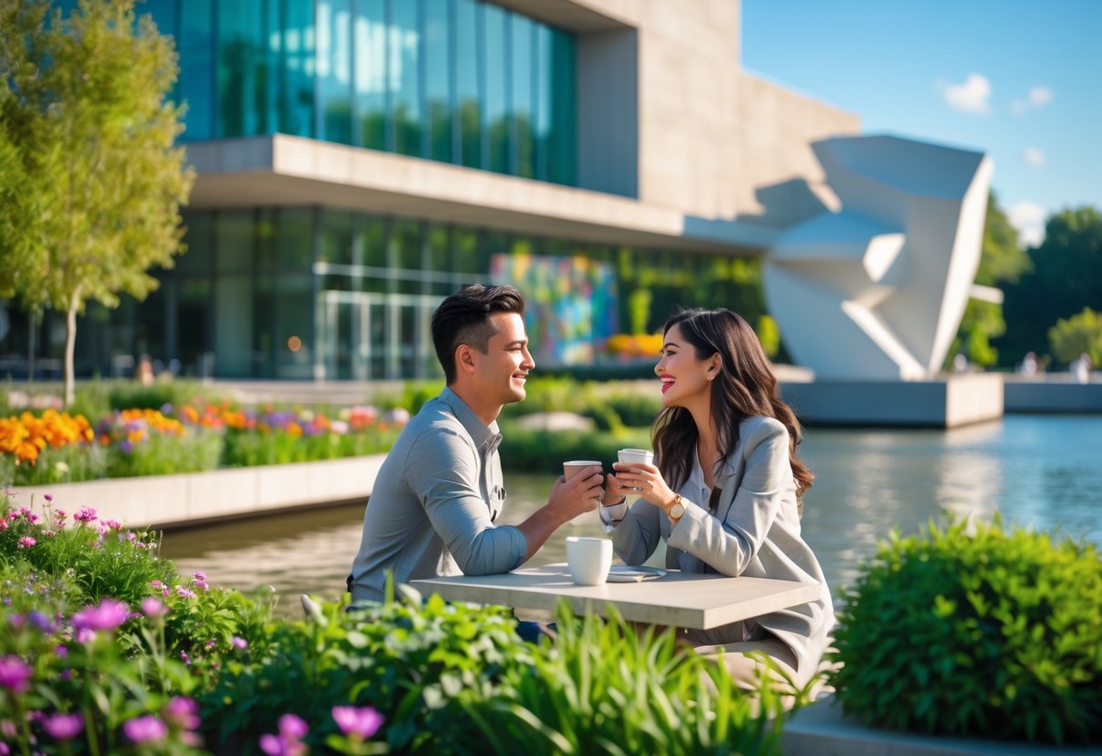 A young couple enjoying a date outside the Riverside Art Museum surrounded by gardens and sculptures.
