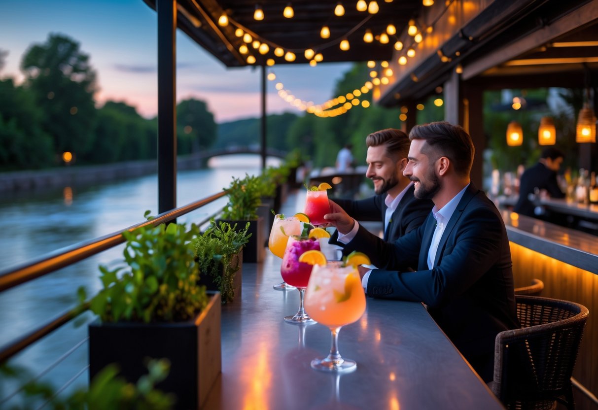 A couple enjoying cocktails at an outdoor riverside bar in the early evening with soft lighting and a calm river in the background.