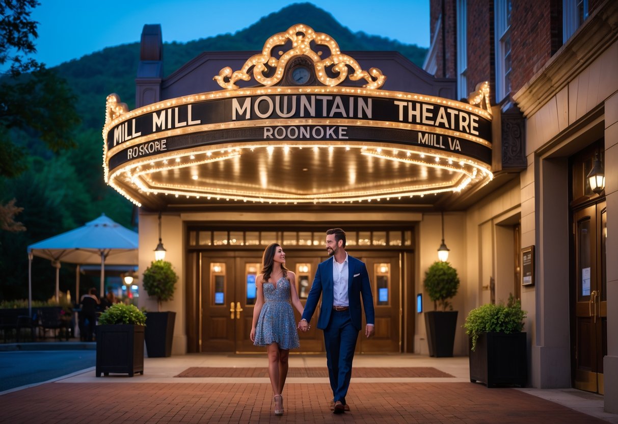 A couple dressed for a date entering the Mill Mountain Theatre in Roanoke, Virginia during the evening.