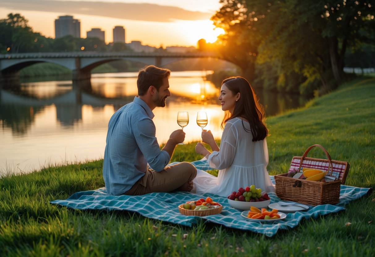 A couple having a picnic on a blanket by the river at sunset surrounded by trees and city skyline.