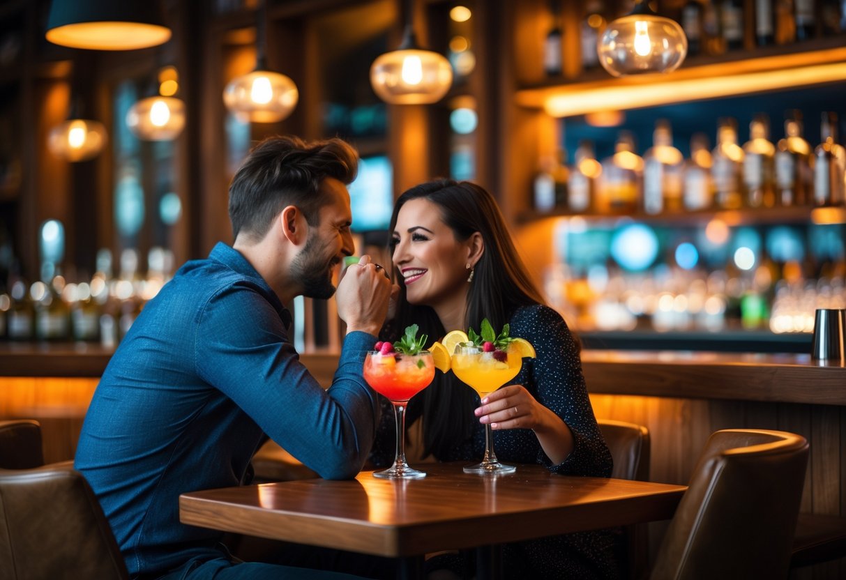 A couple enjoying colorful cocktails at a cozy bar with warm lighting and modern decor.