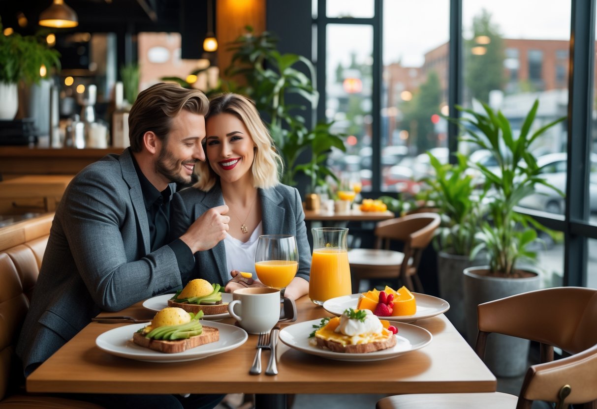 A couple enjoying brunch together at a restaurant table with plates of food and drinks near a window.