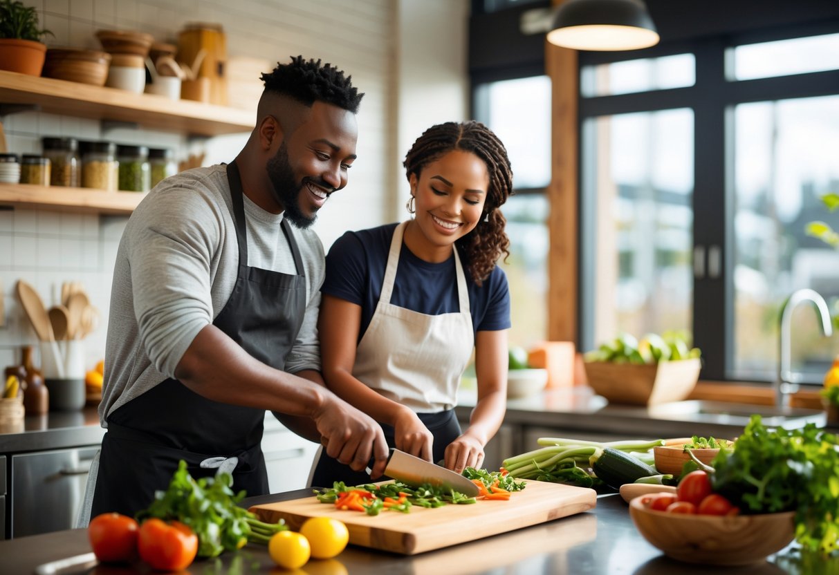 A couple cooking together in a bright kitchen classroom, chopping vegetables and smiling.