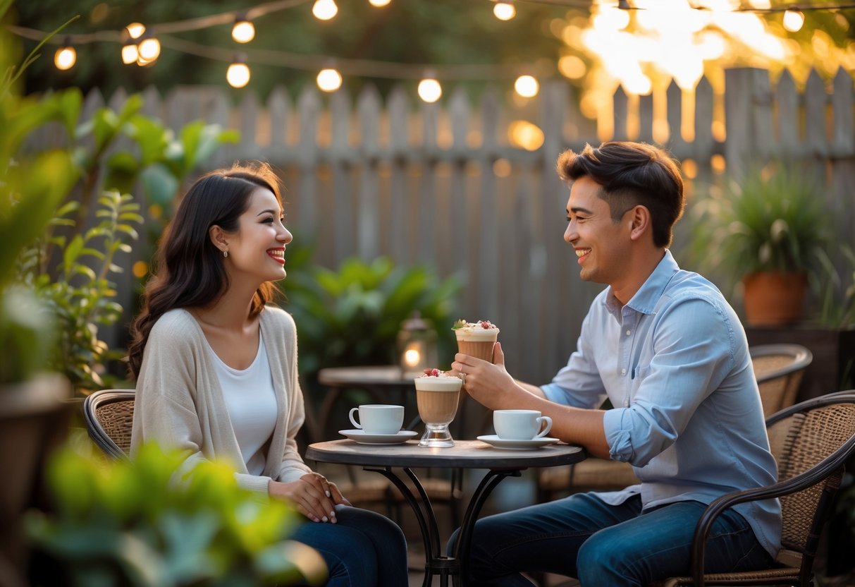 A young couple smiling and talking at a small outdoor cafe table surrounded by greenery and string lights.