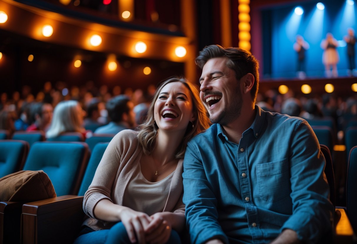 A couple laughing together while watching a comedy show in a theater.